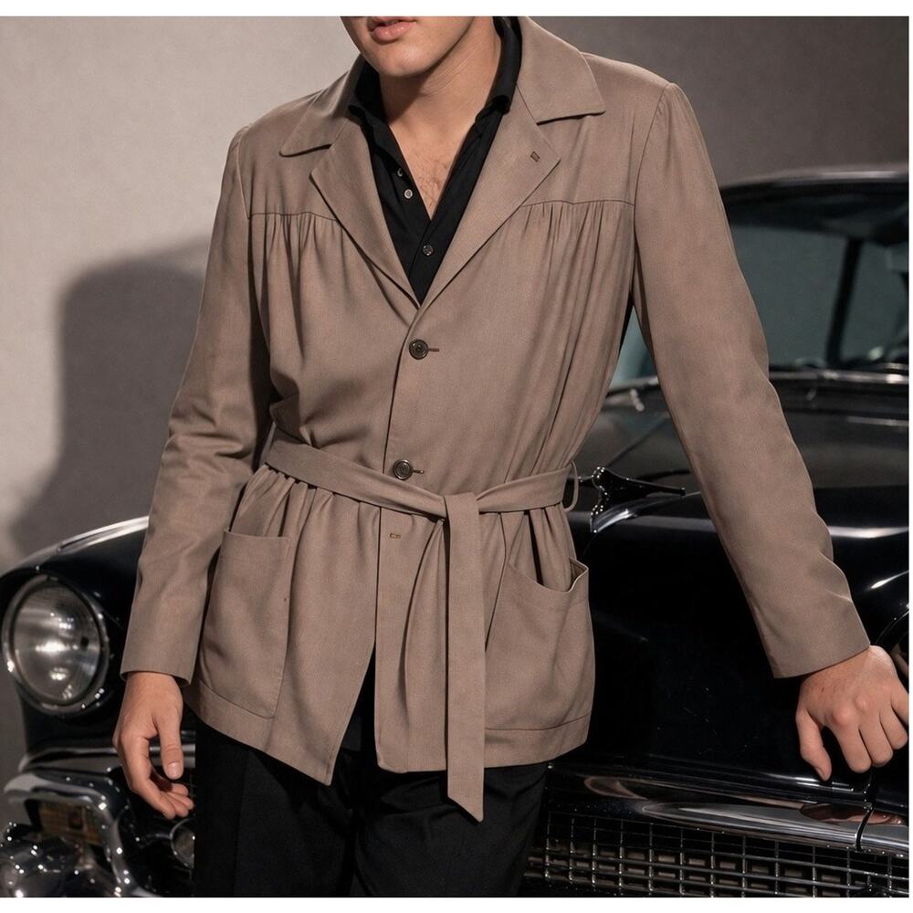 VTG 1950's Gabardine Belted Hollywood Jacket 38R Rockabilly Hepcat Elvis Taupe